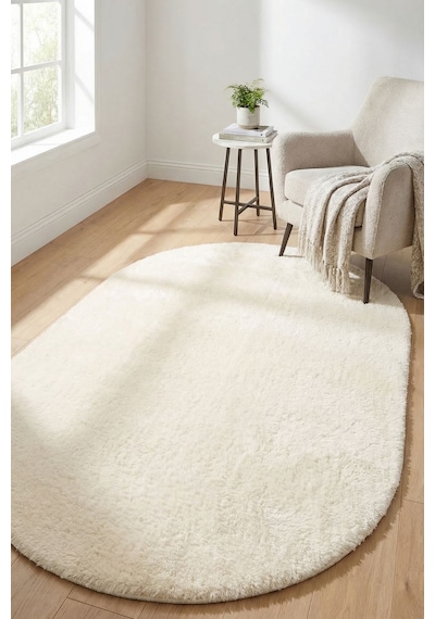 Oval Puffy Yumuşak Peluş Halı , Kaymaz, Yıkanabilir, Antre, Hol, Mutfak, Makyaj Masası Önü Halısı Krem