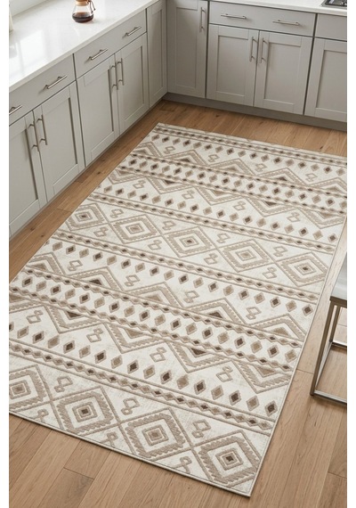 Raschel Carpet Premium Yıkanabilir Leke Tutmaz Mutfak Halısı Etnik Desen Bej Özel Seri Kaymaz Taban Halı Çok Renkli