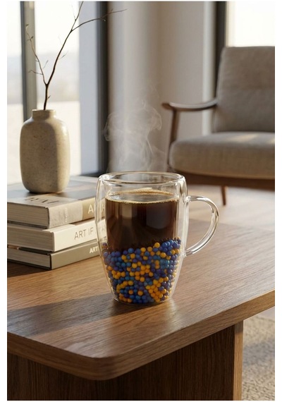 Makri Home Çift Cidarlı Sarı Lacivert Cam Kupa 350 Ml Isıya Dayanıklı Çok Renkli