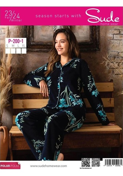 Sude Kadın Gömlek Önden Düğmeli Polar Desenli Pijama Takımı P200/1- 1 Adet 001