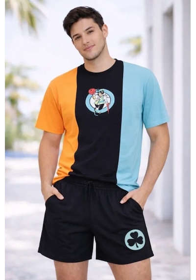 Efnaz Style Erkek Nakışlı Tişört Şort İkili Takım Oversize Yazlık Kombin - Çok Renkli Çokrenkli