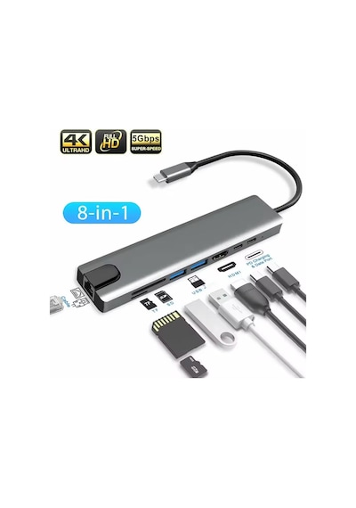 Apple Uyumlu MacBook Pro Air Usb Type-c Hub Dönüştürücü Çevirici Çoklayıcı Usb Hdmı Micro Sd 8 Girişli