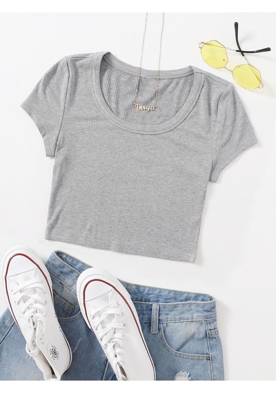 Liona U Yaka Gri Renk Fitilli Kısa Kollu Regular Crop Top Bluz Gri