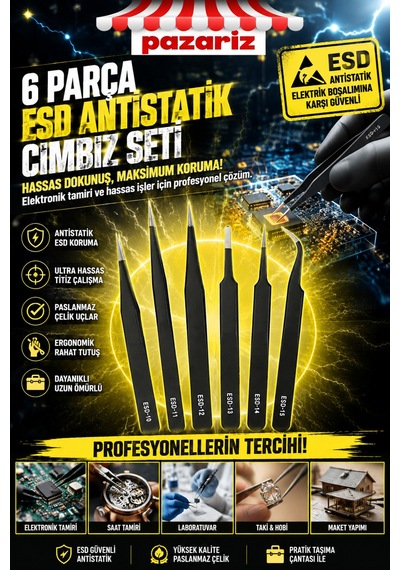 6 Parça Antistatik Paslanmaz Çelik Cımbız Seti, Elektronik Ve Hobi İçin Hassas Elektronik Cımbız Seti Antistatik Çelik Tweezer Set