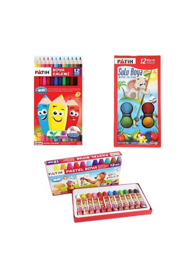 12 Li Kuru Boya - 12 Li Sulu Boya - 12 Li Pastel Boya Toplam 36 Parça Çok Renkli