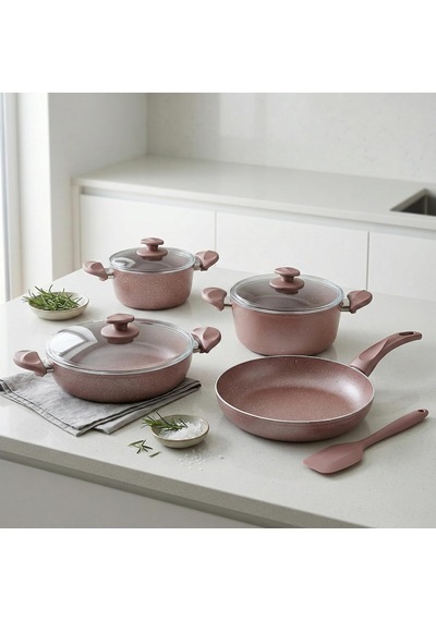 Optimum Argos 7 Parça Tencere Ve Tava Seti - Pembe Kırçıl Renkli Yanmaz Yapışmaz Çeyiz Paketi Cam Kapaklı 20/24/26 Cm Tencere + 26 Cm Tava Çok Renkli