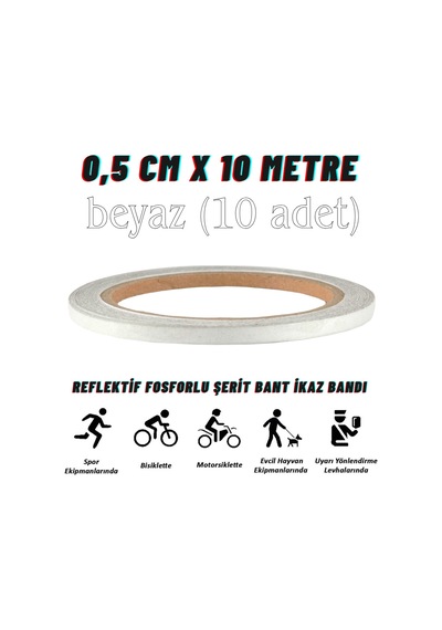 Carub Reflektif Fosforlu Şerit Bant 0,5 Cm X 10 Metre Beyaz İkaz Bandı BR2405001