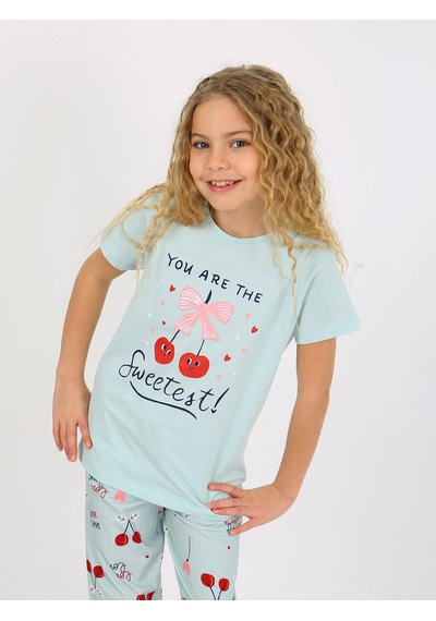 Kız Çocuk Kısa Kollu %100 Pamuklu Pijama Takımı Cherry Mint