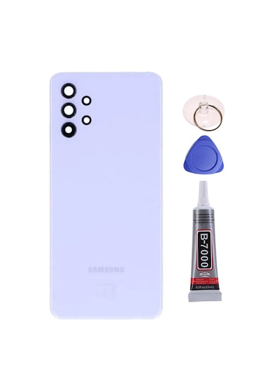 Samsung A32 Kamera Camlı Mor Uyumlu Arka Kapak Batarya Kapağı Pil Kapağı Yapışkan Ve Sökme Aparatıyla Beraber Full Set Mor