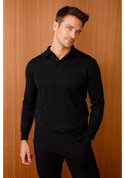 Desen Triko Erkek Basic Polo Yaka İnce Triko Kazak 02421601 Siyah