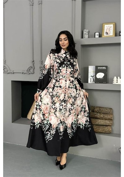 Neşeli Butik Kadın Siyah Çiçek Desenli İthal Kumaş Tam Düğmeli Kemerli Tasarım Elbise Nbms25115 Siyah Neşeli Butik Kadın Siyah Çiçek Desenli İthal Kumaş Tam Düğmeli Kemerli Tasarım Elbise Nbms25115 Siyah