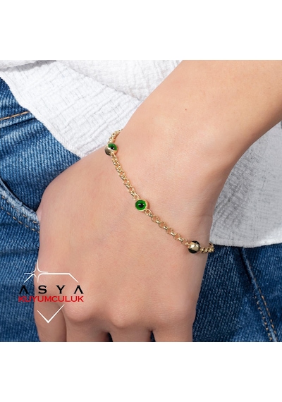 Asya Kuyumculuk Yeşil Göz Boncuklu14 Ayar Altın Bileklik Sarı Altın