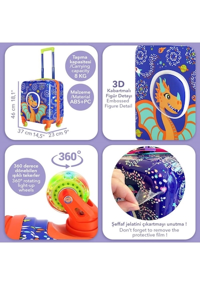 Milk & Moo Renkli Işıklı Tekerlekli Çekçekli Çocuk Valiz 3D Ponix Tasarımlı