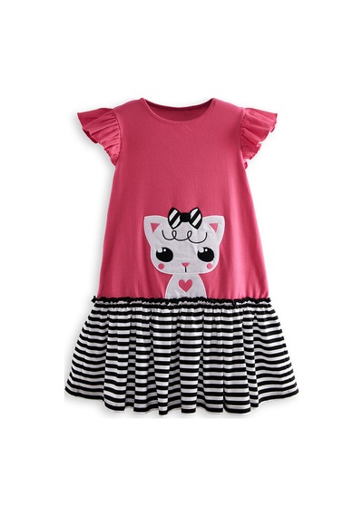 Denokids Kedicik Kız Çocuk Fuşya Yazlık Elbise Renkli Çok Renkli