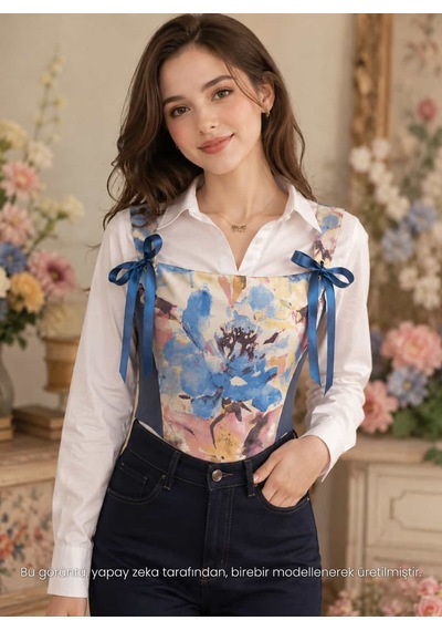 L'aura Corset Mavi Çiçek Desenli Çift Taraflı Bayan Korse