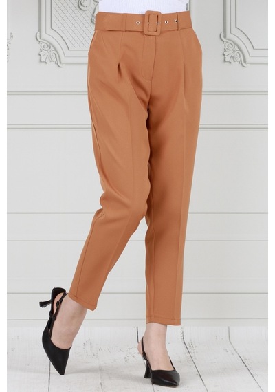 Sevitli Beli Kemerli Pileli Kalem Pantolon-camel-3683-camel Camel
