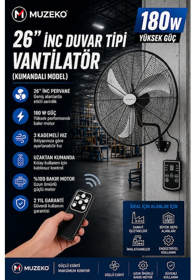 Muzeko Mzk650 26 Inç 65cm 180w Kumandalı Duvar Tipi Sanayi Vantilatör Evde Kullanım İçin Uygun Değildir