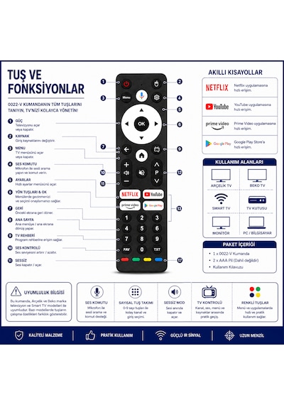 Arçelik 0022-v Ses Komutlu Smart Tv Kumandası