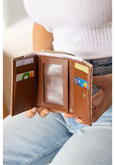 Just Polo Kadın Baskılı Fermuarlı Şık Cüzdan Shopper Kum - Taba