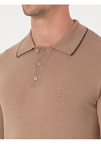 Cacharel Camel Slim Fit Pamuk Karışımlı Polo Yaka Triko Kazak Kahverengi