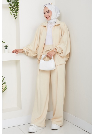 Bestenur Fermuarlı Oversize Takım 1595 - Bej Bej