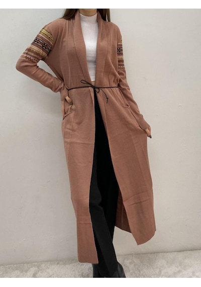 Onno Style Woman Spor Triko Kilim Desenli Uzun Hırka Pudra