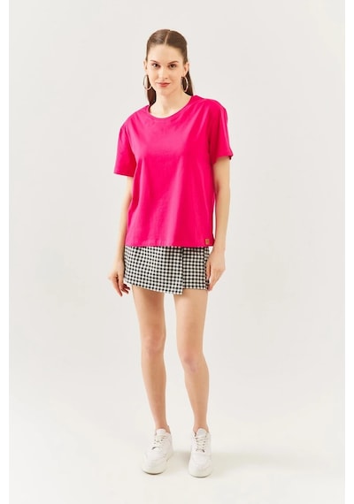 Kadın Oversize Rahat %100 Pamuklu Penye Bisiklet Yaka Kısa Kol Basic T-shirt Fuşya