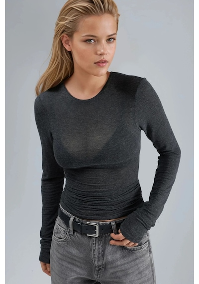 Hiccup Busem Slim Fit Uzun Kollu Transparan Bluz Koyu Gri