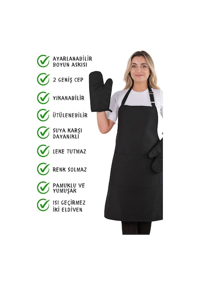 Simple 3lü Set Ayar Askılı Cepli Mutfak Önlüğü Seti 2 Eldiven Şef Garson Kafe Aşçı Barista Siyah