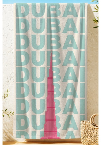 Dubai Şehir Temalı Modern Plaj Havlusu-turkuaz Pembe Tipografik Havuz Deniz Hızlı Kuruyan Örtü Havlu Donuk Çiçeği