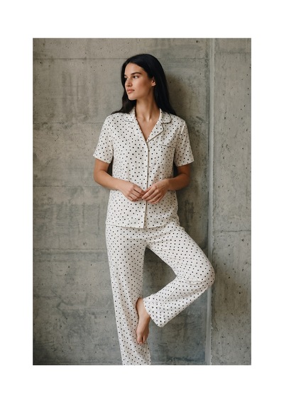 Fit Women V Yaka Düğmeli Casual Kar Beyaz Pijama Takımı