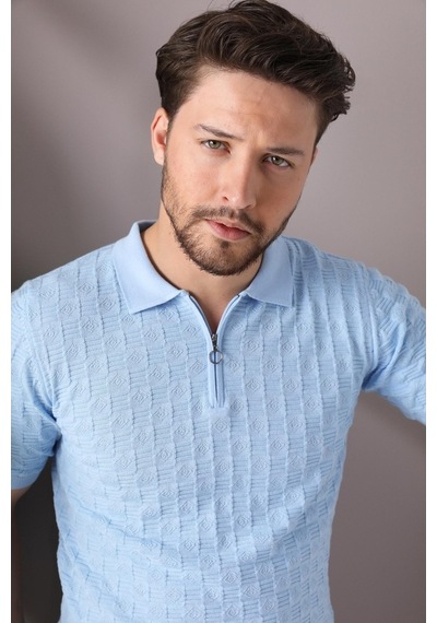 Ferraro Mavi Polo Yaka Fermuarlı Erkek Pamuk Triko T-Shirt-Mavi (429067812) Mavi