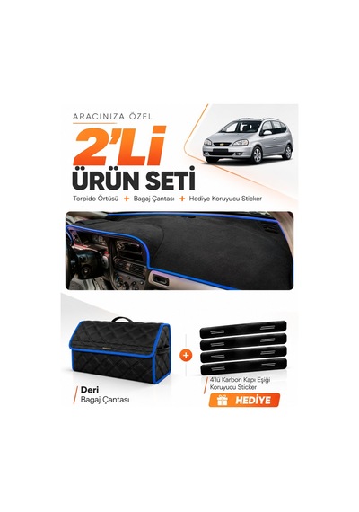 Chevrolet Rezzo 2000-2011 Uyumlu Torpido Örtüsü + Deri Bagaj Çantası + Sticker Seti - Siyah Mavi