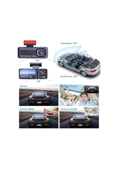 Araç Içi Kamera 3 Kameralı 1080p / Lcd Ekranlı/gece Görüşlü/geri Görüş Kamera/hareket Algılama