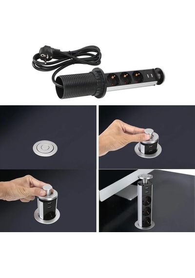 Manuel Asansörlü Gizlenebilir Gömme Tip Grup Priz 16a 1.8 Metre Kablolu 2 Usb Li 3 Lü Grup Priz Ev Ofis Ortamında Kullanımına Uygun 60mm Siyah