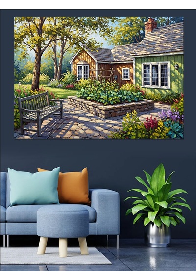 Bahçeli Köy Evi Tablosu Dekoratif Kanvas - Mdf Ahşap Tablo
