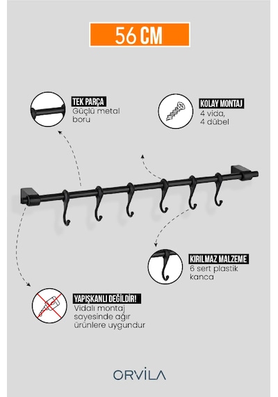 Siyah Metal Mutfak Ve Banyo Askısı 6 Kancalı Askı Demiri 56 Cm Çubuk