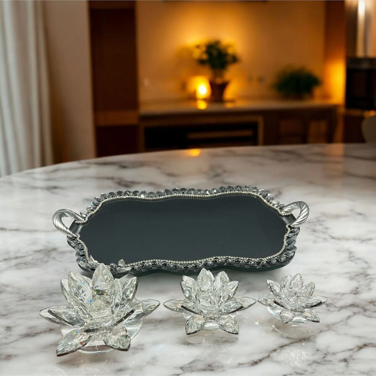 Dekoratif Kristal Cam Dörtlü Bulut Tepsi Lotus Mumluk Seti Gümüş