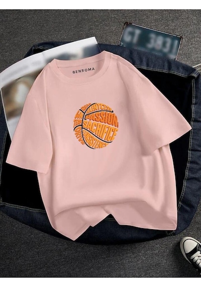 Oversıze Basketbol Topu Baskılı Unısex Tisort Baskılı Pembe