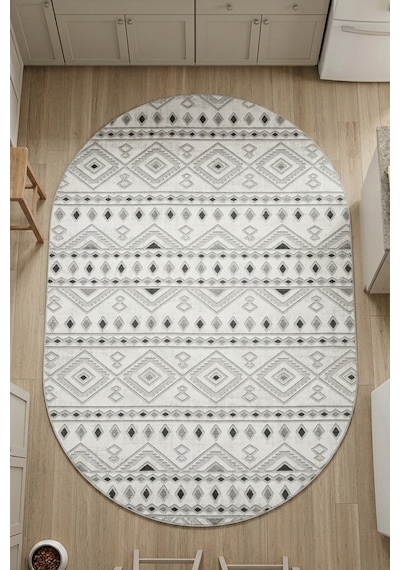 Raschel Carpet Premium Bohem Yıkanabilir Leke Tutmaz Modern Mutfak Halısı Etnik Desen Grı Elips Model Özel Seri Kaymaz Taban Halı Çok Renkli