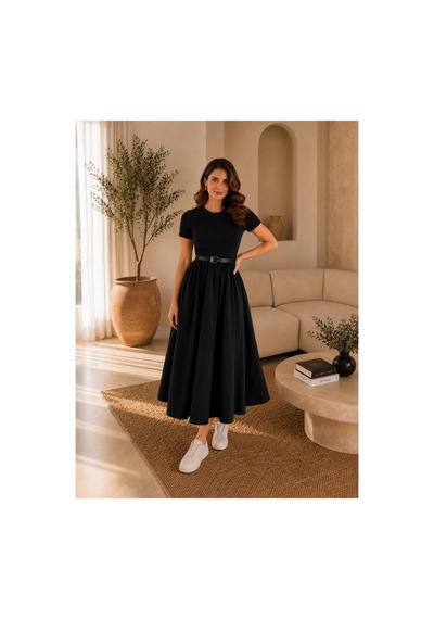 Unika Boutique Kadın Kemerli Poplin Midi Elbise Siyah