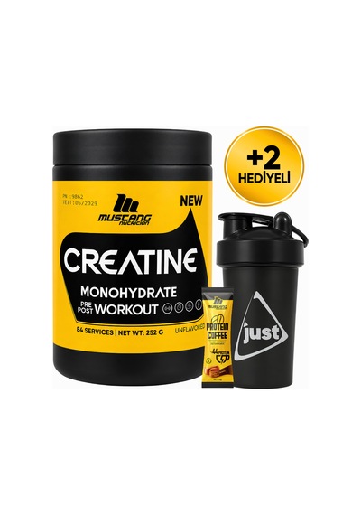 Mustang Nutrition Creatine Monohydrate Kreatin 252 Gr 84 Servis + Shaker + Protein Kahve Hediyeli Aromasız
