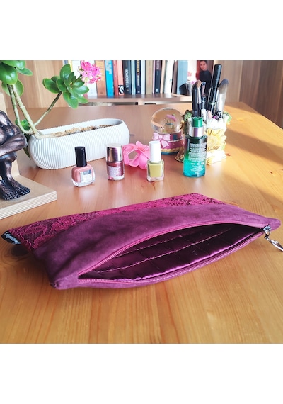 Ju Yaratıcı Tasarım Kadın Portföy & Clutch Çanta Süet Dantel Bordo