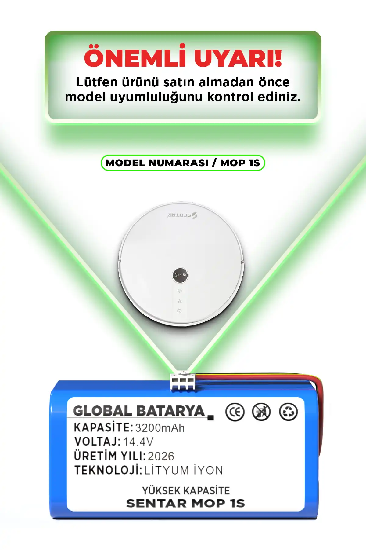 Sentar Mop 1s Uyumlu Akıllı Robot Süpürge Bataryası 14.4v 3200mah Pil Yüksek Kapasite
