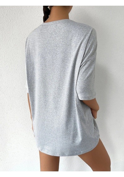 Flood Of Style Kadın Gri Happıness Baskılı Oversize Tshirt