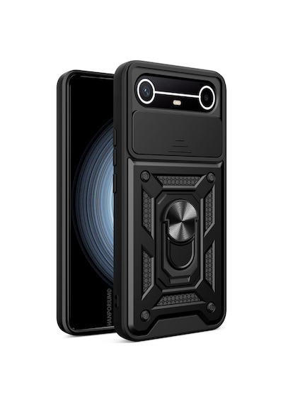 Tecno Spark Slim Uyumlu Tank Kılıf - Yüzüklü Standlı Extra Koruma Zırhlı Outdoor Kapak - Siyah