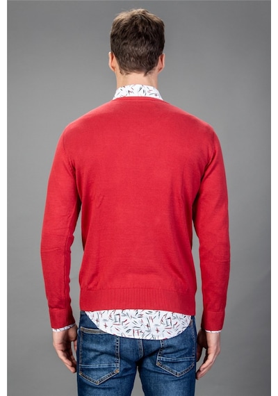 Tudors Slim Fit Dar Kesim V Yaka Pamuklu Erkek Kazak-14072 Kırmızı