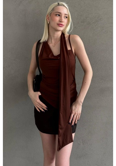 Madmext Kahverengi Degaje Yaka Atkılı Şık Kadın Bluz Mg2650