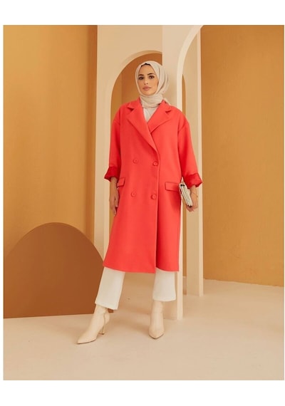 TrendMarfa Önü Düğmeli Kuşaklı Tesettür Kaşe Kaban Narçiçeği