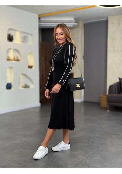 De'charme Kadın Uzun Kollu Bisiklet Yaka Midi Modal Elbise Siyah